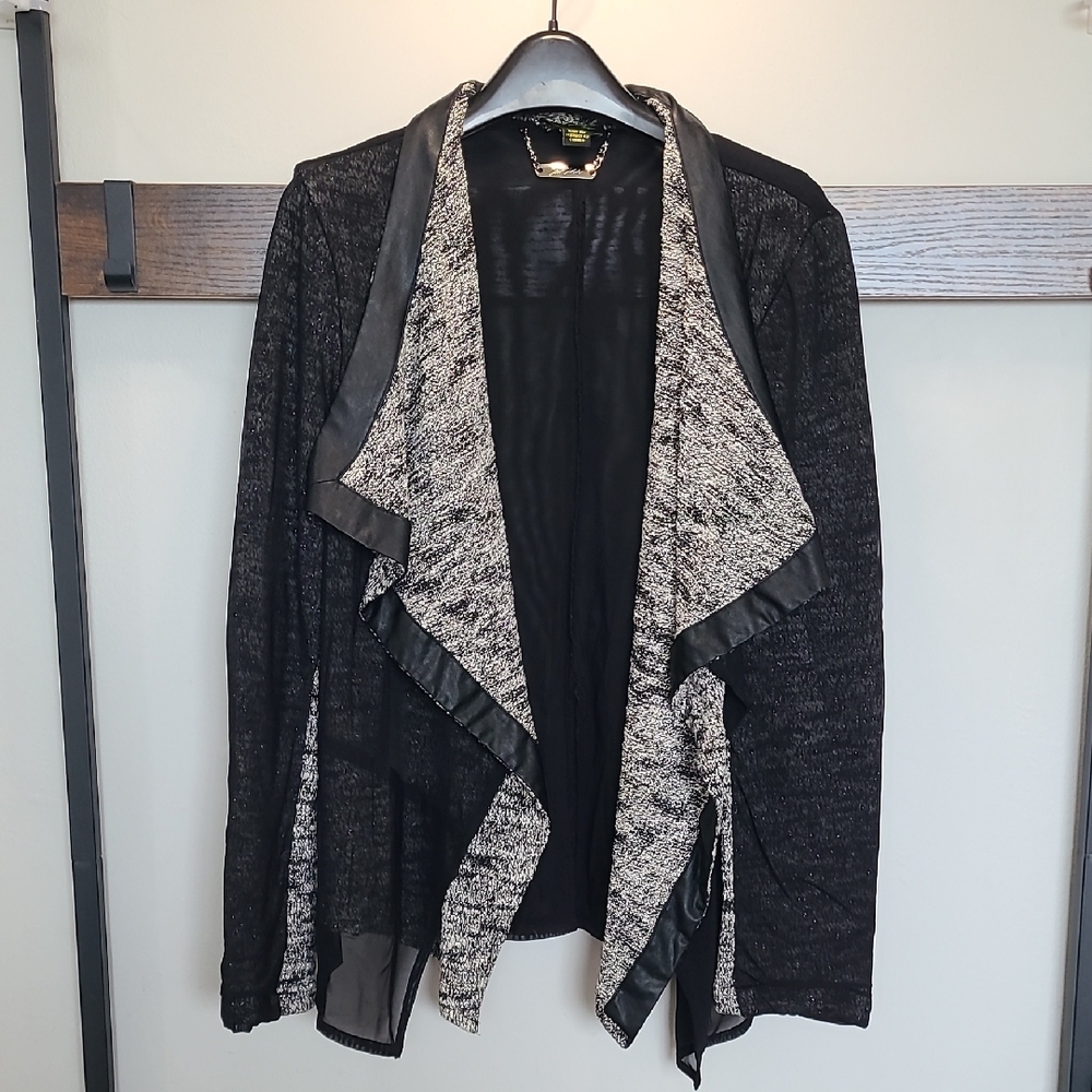 Cartise Shimmery Layered Leather Accent Two-Tone Black and Gray Cardigan